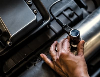Close-up of a test probe held against a roll